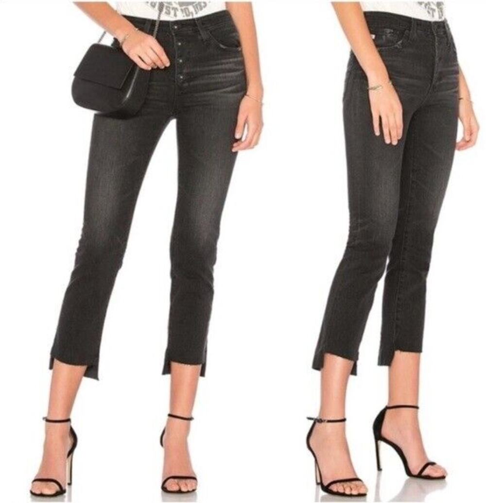 AG THE ISABELLE BUTTON-UP High Rise Straight Crop Jeans Raw Uneven Hems Black 27